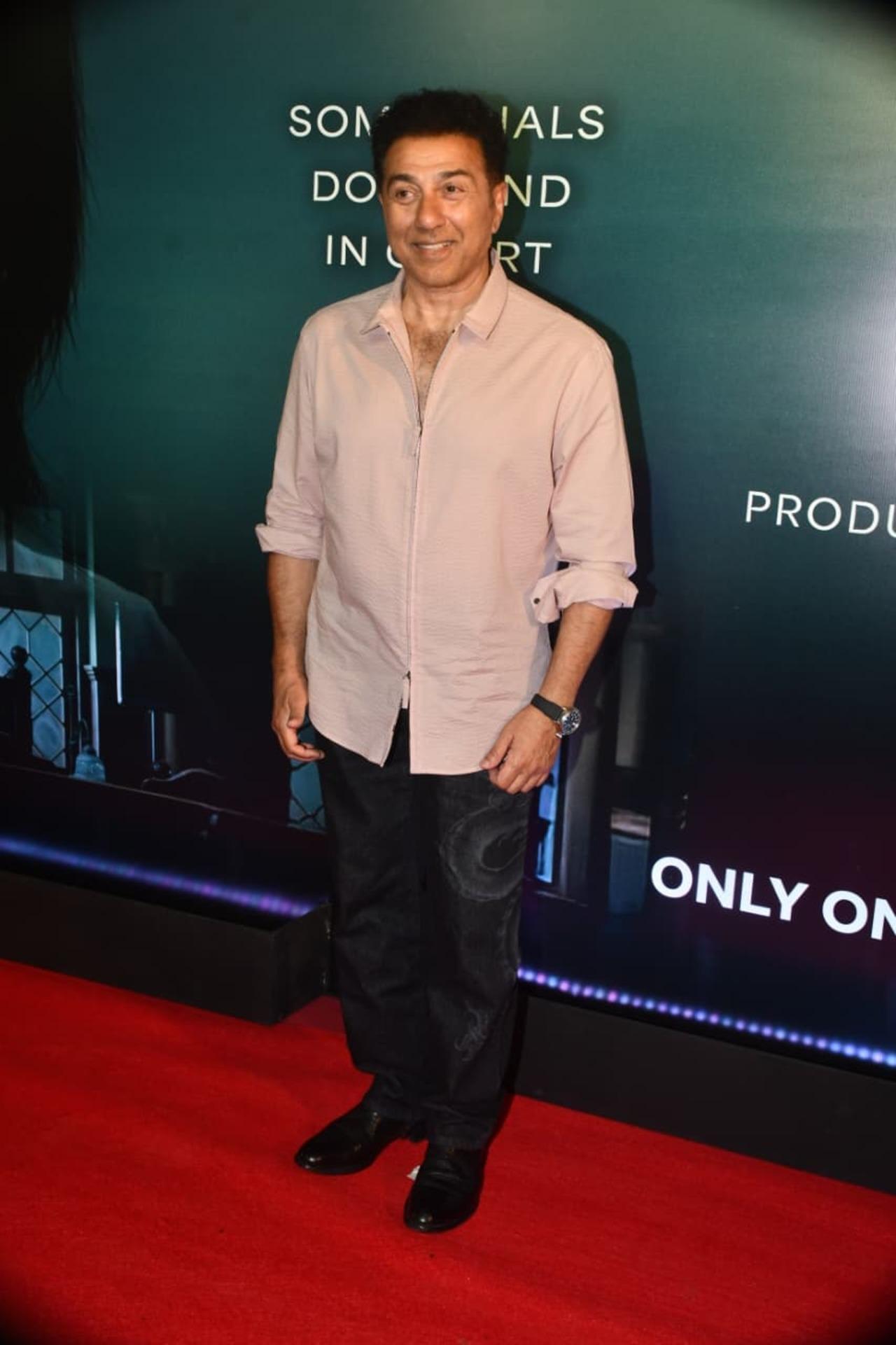 Sunny Deol was spotted in a casual yet polished aesthetic in a mauve button-down shirt and textured dark denim